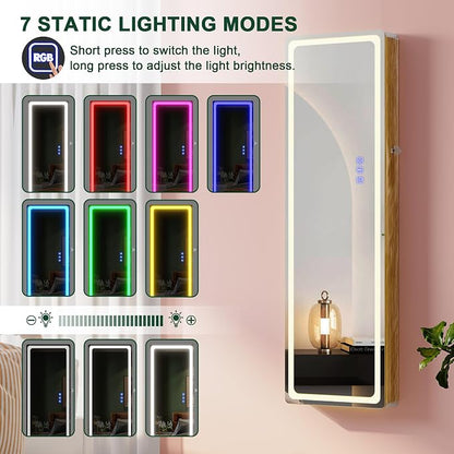 HNEBC Over the Door Jewelry Organizer with LED RGB Lights, 47.2" Full Length Mirror with Storage, Wall Mounted Jewelry Armoire, Hanging Mirror with 2 Drawers,Lokable,3 Shelves-Wood