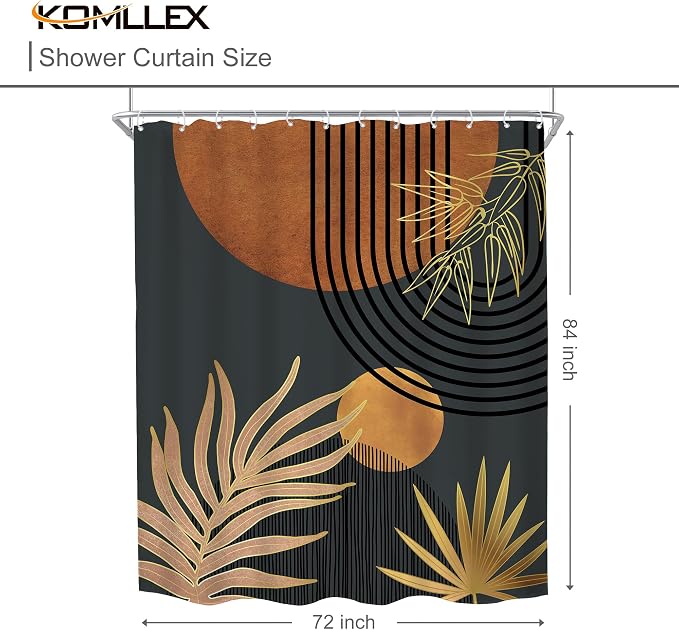 Mid Century Brown Black Boho Abstract Modern Bathroom Shower Curtain Set | 72Wx84L Plant Botanical design, waterproof HD print with fast-drying fabric and 12 hooks.