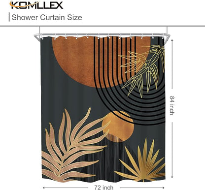 Mid Century Brown Black Boho Abstract Modern Bathroom Shower Curtain Set | 72Wx84L Plant Botanical design, waterproof HD print with fast-drying fabric and 12 hooks.