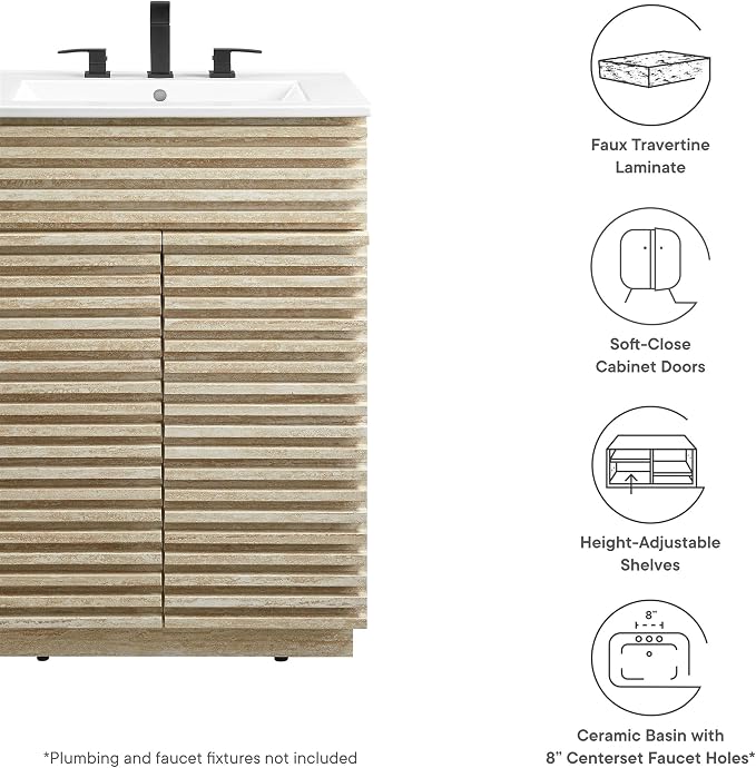 Modway Render Faux Travertine Slatted 24 Inch Bathroom Vanity in White with Sink Combo - Mid-Century Modern Single Sink Bathroom Vanity - Vanity Cabinet with Soft-Close Doors