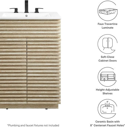 Modway Render Faux Travertine Slatted 24 Inch Bathroom Vanity in White with Sink Combo - Mid-Century Modern Single Sink Bathroom Vanity - Vanity Cabinet with Soft-Close Doors