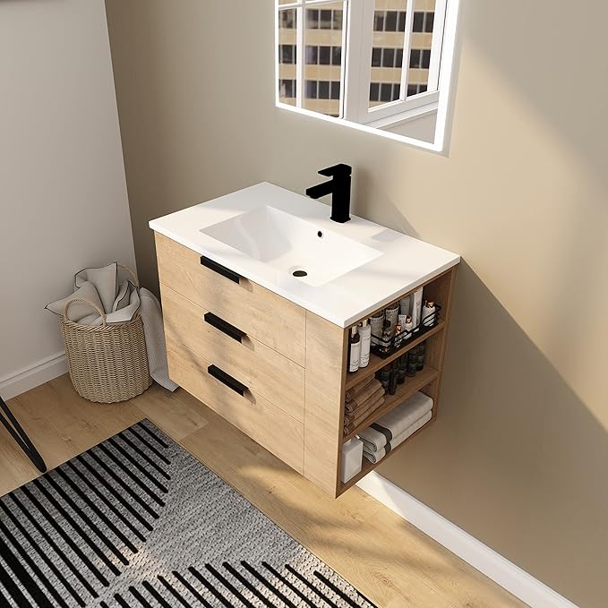 30" Bathroom Vanity with Sink, Floating Bathroom Vanity,Modern Vanity Bathroom,Wall-Mounted Bathroom Vanity with Top Basin & Storage Cabinet,Brown, 3 Drawers&3 Shelves