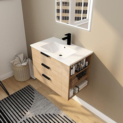 30" Bathroom Vanity with Sink, Floating Bathroom Vanity,Modern Vanity Bathroom,Wall-Mounted Bathroom Vanity with Top Basin & Storage Cabinet,Brown, 3 Drawers&3 Shelves
