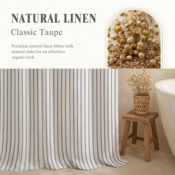 Farmhouse Striped Shower Curtain Grey Vintage Linen Curtain 72"W X 84"L | Extra Long Striped Shower Curtains with Linen Texture for Bathroom Decor