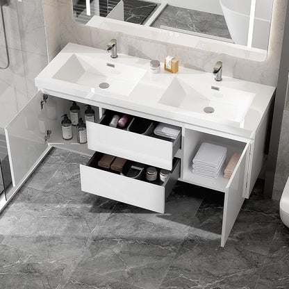 60 Inch Floating Bathroom Vanity with Double Sink, Large Storage Wall Mounted Floating Vanity with 2 Soft Close Drawers & 2 Doors, One-Piece Basin Bathroom Sink Cabinet, Glossy White, Double sink