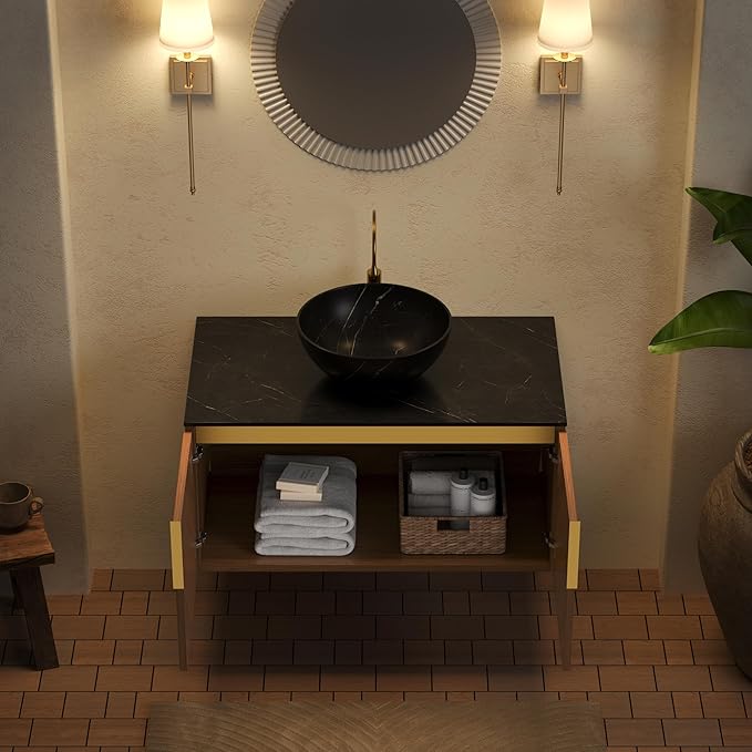 LKTART 36 Inch Bathroom Vanity with Sink, Modern Wall Mounted Bathroom Sink with 2 Doors, Black Sintered Stone Countertop and Black Bowl Ceramic Basin
