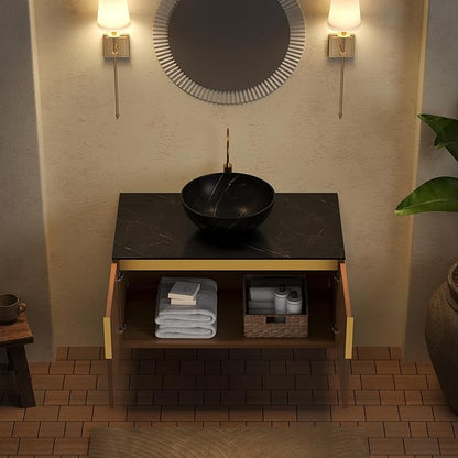 LKTART 36 Inch Bathroom Vanity with Sink, Modern Wall Mounted Bathroom Sink with 2 Doors, Black Sintered Stone Countertop and Black Bowl Ceramic Basin