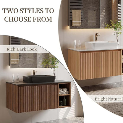 36" Modern Floating Bathroom Vanity with Single Sink - Wall Mounted Storage Bathroom Cabinet with Black Sintered Stone Countertop| Large Storage Space & Open Shelves, Dark Wood