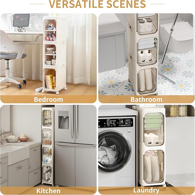 2-Tier Slim Narrow Bathroom Storage Cabinet, Cream White | Tool Free Assembly, Adjustable Shelves, Fits for Narrow Spaces, Reinforced Stability, Magnetic Clear Door