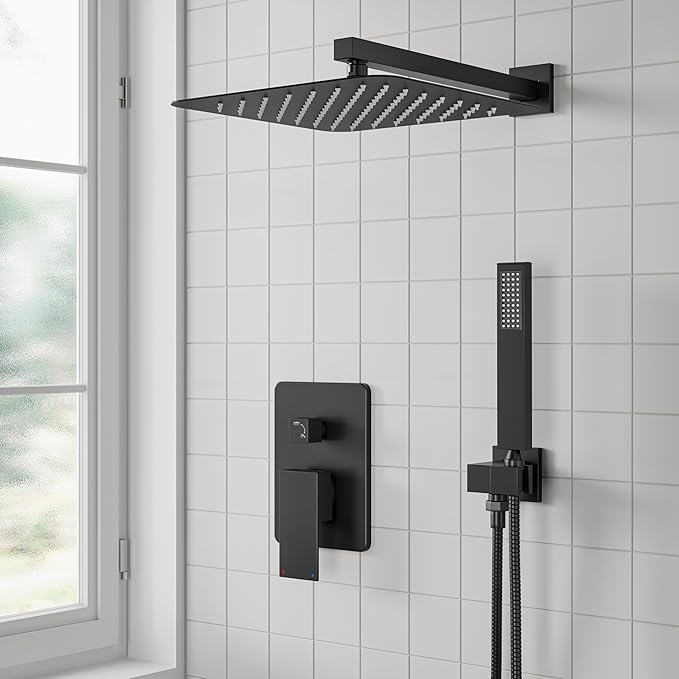 ESNBIA Black Shower Faucet Set, 12 Inches Rainfall Shower System with Rain Shower Head and Handle Set, All Metal Shower Fixtures with Pressure Balance Shower Valve, Matte Black
