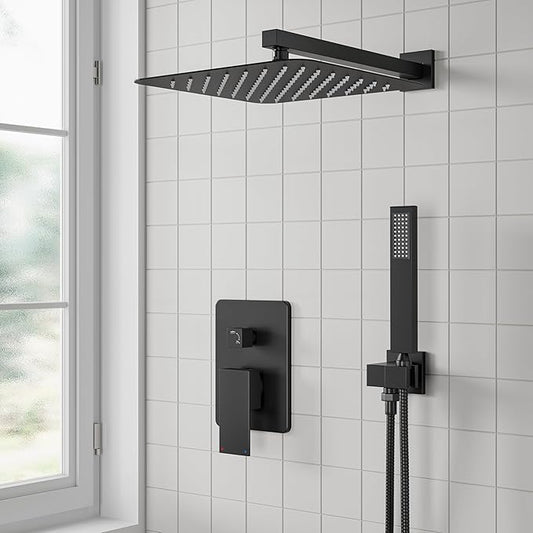 ESNBIA Shower System, Black Shower Faucet Set with Shower Head and Handle Set, 10 Inches Rain Shower Head with Handheld Spray Combo, High Pressure Shower Head Set with Shower Valve, Matte Black
