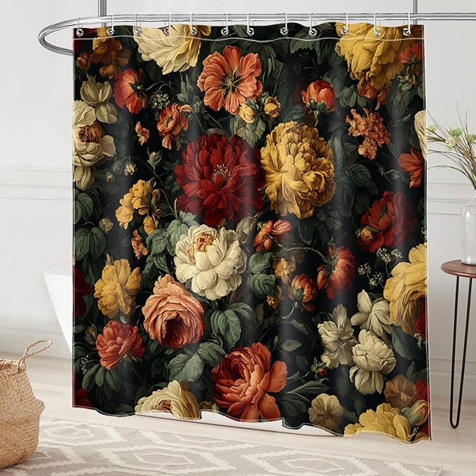 Vintage Dark Floral Shower Curtain for Bathroom, Moody Black Boho Botanical Flower Design Retro Farmhouse Fabric Bath Curtain with 12 Hooks, 72W x 78L Inches