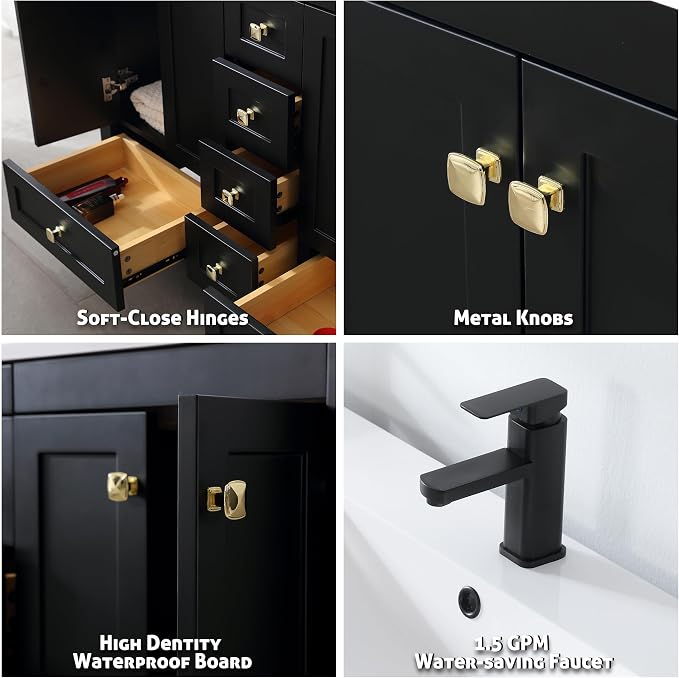 LUCKWIND 48" Bathroom Vanity and Sink Combos, Modern Bathroom Storage Painted Cabinet with Undercounter Resin Dual Sink Top, Matte Black Faucet and 6 Drawers, Mirror Not Included, Black