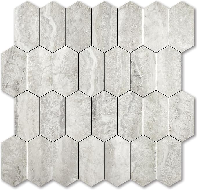 Vamos Tile Long Hexagon Peel and Stick Backsplash Tile - 10 Sheets Stick on Backsplash for Kitchen and Bathroom 12.4 x 12 Inch Beige Slate Look PVC Self Adhesive Mosaic Wall Tiles