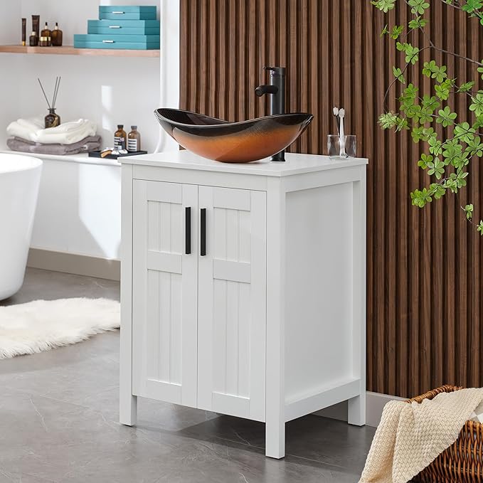 UEV White 24" Bathroom Vanity with Sink Combo,Modern Freestanding Sink Cabinet,Stylish Bathroom Vanity Cabinet,Grooved Double Doors,Metal Handles,Modern Brown Boat Tempered Glass Vessel Sink (029BR)
