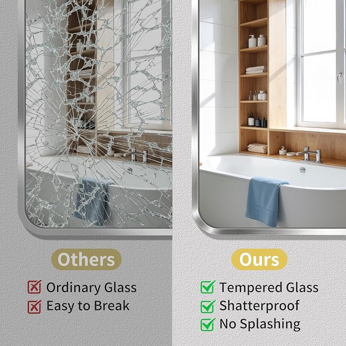 Bathroom Mirror for Wall, 30"x48" Black Bathroom Mirror for Over Sink, Shatterproof Tempered Glass Vanity Mirror with Anti-Rust Aluminum Alloy Frame, Hang Horizontally or Vertically, Silver