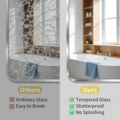 Bathroom Mirror, 30X55 Brushed Black Metal Framed Wall-Mounted Mirror for Over Sink, HD Tempered Glass, Anti-Rust, Rounded Rectangle Mirror for Restroom, Bedroom, Hangs Horizontal or Vertical, Silver