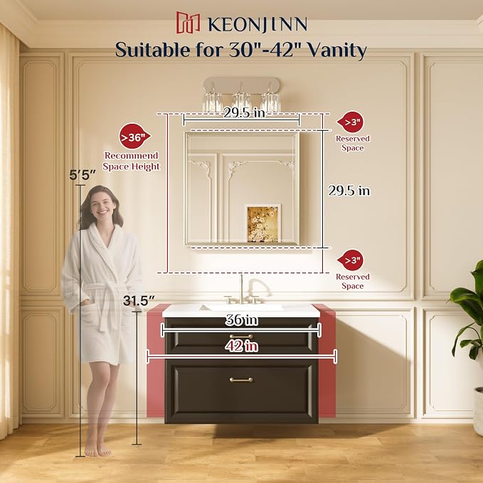 Keonjinn 30" x 30" Black Square Bathroom Mirrors for Over Sink, Aluminum | Safe Tempered Glass, Effortless French Cleat Installation, Clear Reflection, Modern Farmhouse, Black Vanity Mirror for Wall