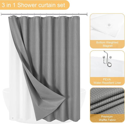 3 in 1 Grey Shower Curtain with PEVA Liner, 12 Hooks, 72x72 | Luxury Weighted Fabric Shower Curtain Set, 12 Stainless Steel Double-Sided Hooks, Water Repellent, Bathroom Decor