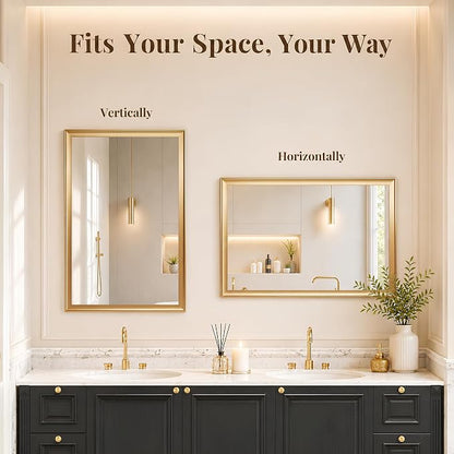 2 Pack 24x36 Inch Brushed Gold Bathroom Mirrors for Over Sink | Curved Aluminum Frame Rectangle Vanity Mirror Set for Double Sink, HD Tempered Glass, Anti-Rust, Horizontal or Vertical