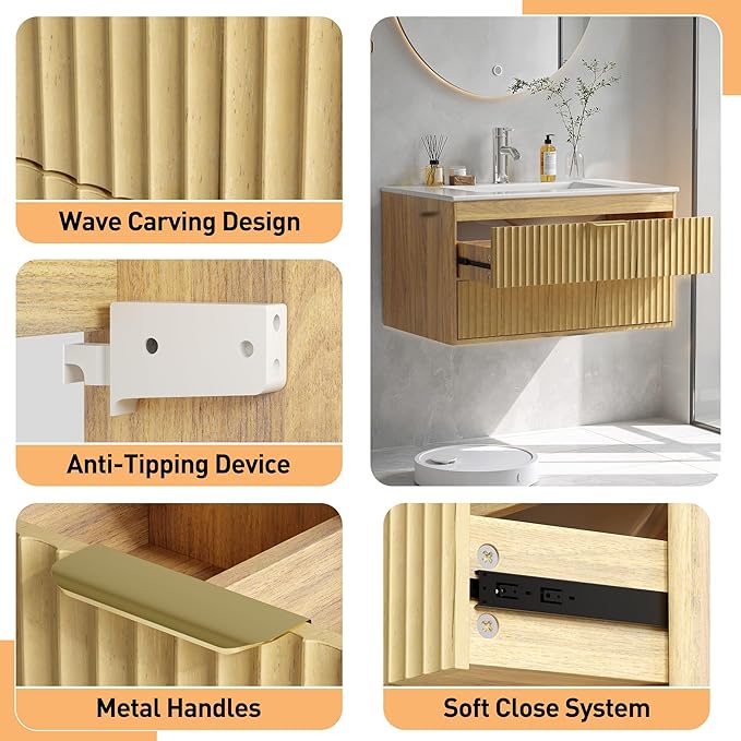 30 Inch Floating Bathroom Vanity Without Sink, Bathroom Wall Cabinet with 2 Fluted Drawers & Metal Handle, Wall Mounted Cabinet for Bathrooms (Natual Yellow, 30 inch, Without Sink)