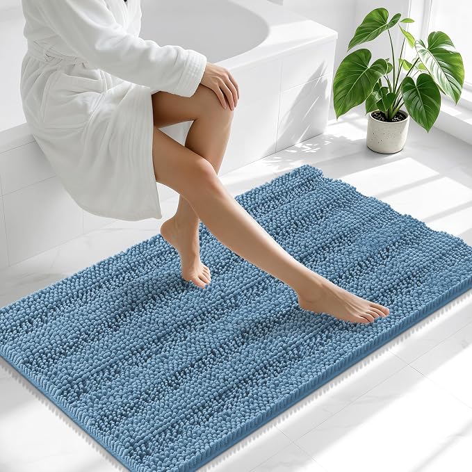 Smiry Thick Chenille Large Bathroom Runner Rugs 40x24, Bath Mat, Airy Blue | Quick‑Dry & Machine Washable, Non‑Slip Bath Carpet, Soft Striped Bath Rugs for Tub & Shower, Modern Home Decor Accessories