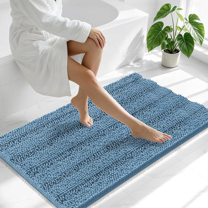 Smiry Thick Chenille Large Bathroom Runner Rugs 40x24, Bath Mat, Airy Blue | Quick‑Dry & Machine Washable, Non‑Slip Bath Carpet, Soft Striped Bath Rugs for Tub & Shower, Modern Home Decor Accessories