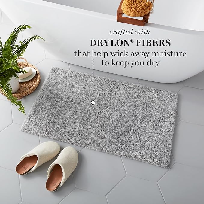 MARTHA STEWART Drylon Microfiber Bath Rug - 1 Piece, Ultra Soft Plush, Non-Slip, Thick, Washable Bathroom Rugs, Home Decor Accessories, Household Essentials, Large Bath Mat, 21" x 34", Light Gray