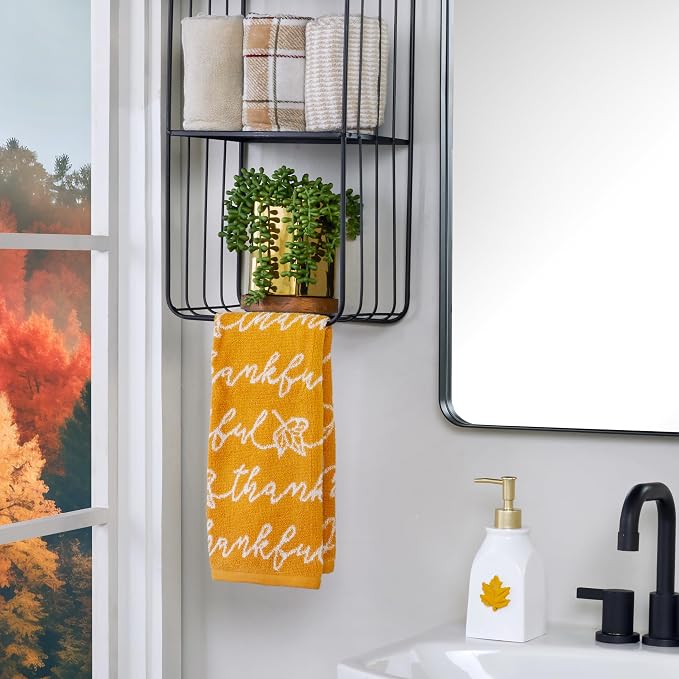 SKL Home Fall/Thanksgiving Thankful Script Hand Towel Set-2pc, Yellow | 100% Cotton. Soft & absorbent. Reversible jacquard pattern. Great for the bathroom, kitchen or bar & gifting.