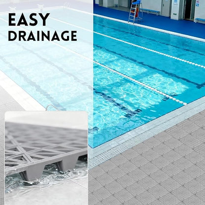 RITOLLO Modular Interlocking Cushion Drainage Floor Tiles, 16-Pack 11.8"x11.8" PVC Raised Non-Slip Interlocking Mats with Drain Holes for Deck, Pool, Garage, Shower, Patio, Bathroom, Sauna, Yard -Gray