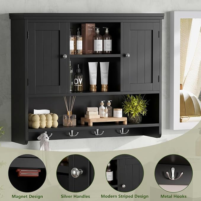 Bathroom Wall Cabinet with Doors and Hooks, 3-Tier Wall Mounted Cabinet | Modern Medicine Cabinet with 3 Open Shelves, Over the Toilet Storage Cabinet for Kitchen, Laundry Room, Living Room, Black