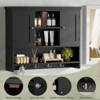Bathroom Wall Cabinet with Doors and Hooks, 3-Tier Wall Mounted Cabinet | Modern Medicine Cabinet with 3 Open Shelves, Over the Toilet Storage Cabinet for Kitchen, Laundry Room, Living Room, Black