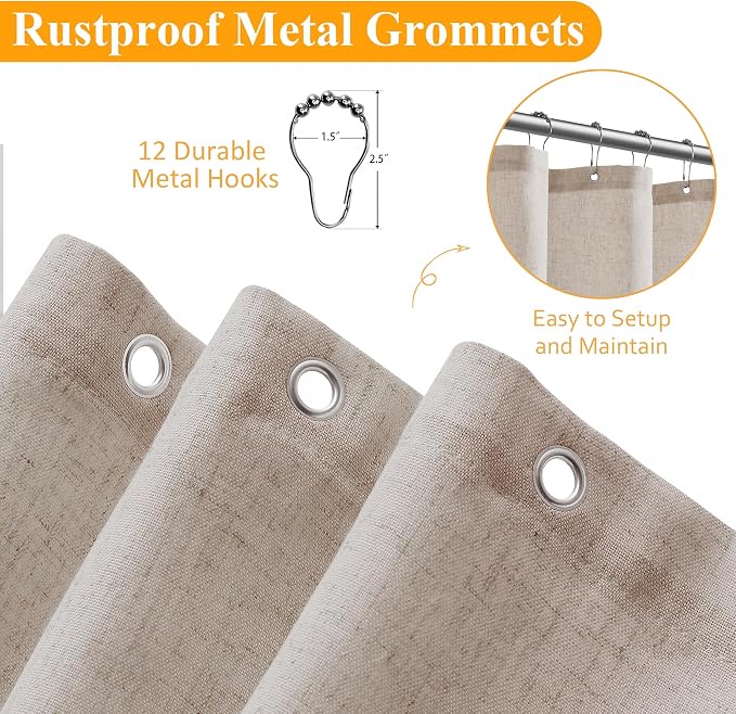 Extra Long Linen Shower Curtain 90 Inch Long Shower Curtains Set with Hooks for Bathroom Boho Farmhouse Fabric Neutral Cloth Modern Cottage Core Waterproof,Birch Beige