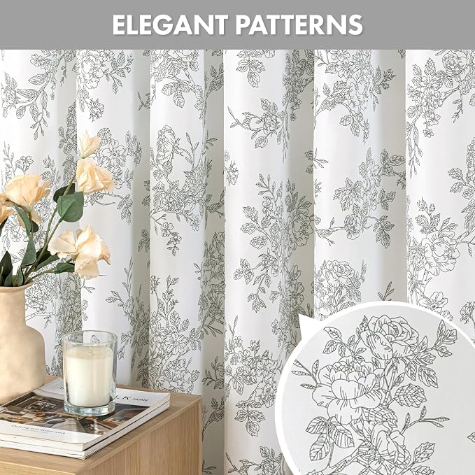 Grey Floral Shower Curtain W72*L72 Inches Long | Linen Textured Fabric, 12 Rustproof Metal Hooks, Wrinkle Resistant Cloth, Machine Washable, Bathroom Decor for Cottage Core