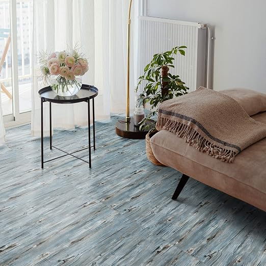 Wood Grain Peel and Stick Floor Tiles 11.8"x118" Hazy Blue | Realistic Wood Grain Finish, Slip‑Resistant Texture, Low‑Repeat Grain Design, Continuous Roll Pattern Flow, Waterproof