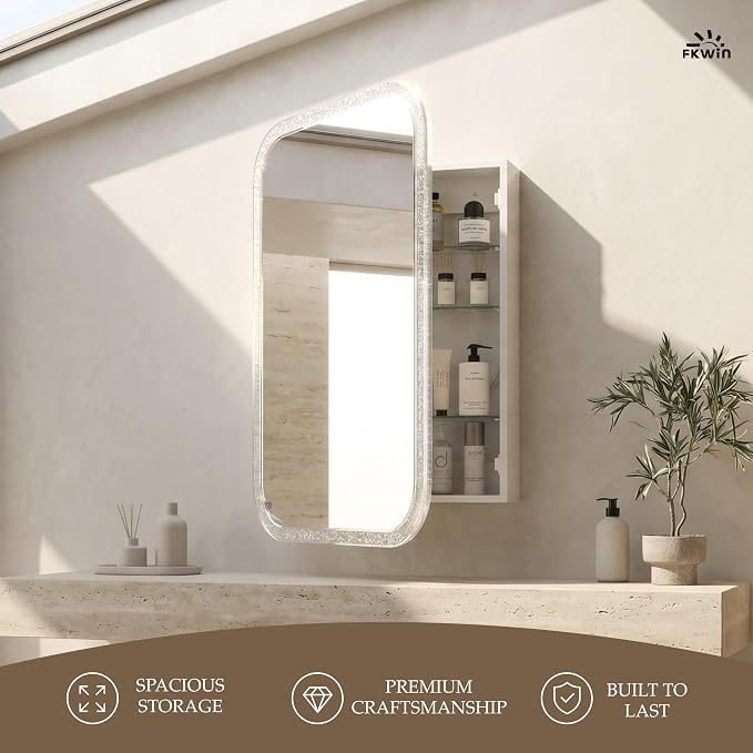 FKWin Luxury Medicine Cabinet Mirror for Bathrooms or Apartment, Wall Mount | Crystal Embossed Acrylic Frame Medicine Cabinets for Bathroom, Easy Install, Adjustable Shelves, Reversible Door, 24x32 inch