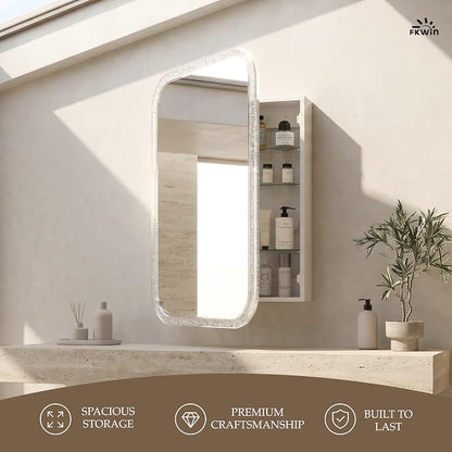 FKWin Luxury Medicine Cabinet Mirror for Bathrooms or Apartment, Wall Mount | Crystal Embossed Acrylic Frame Medicine Cabinets for Bathroom, Easy Install, Adjustable Shelves, Reversible Door, 24x32 inch