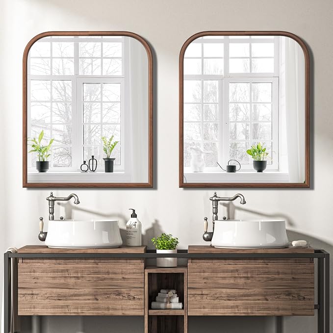 30"x36" Arch Wall Mirror for Wall, Wall Mounted Vanity Mirror for Bedroom, Wood Grain Finish Frame Mirror with Tempered Glass, Vintage Decorative for Bathroom, Entryway, Living Room, Walnut