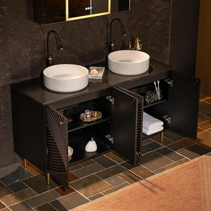 Woodbridge 60"X22" Bathroom Vanity with Double Ceramic Round Vessel Sinks,Black Engineered Stone Vanity Top– Hand-Painted Black & Gold Accents, Sleek Thin-Leg Frame, Space-Saving for Modern Living