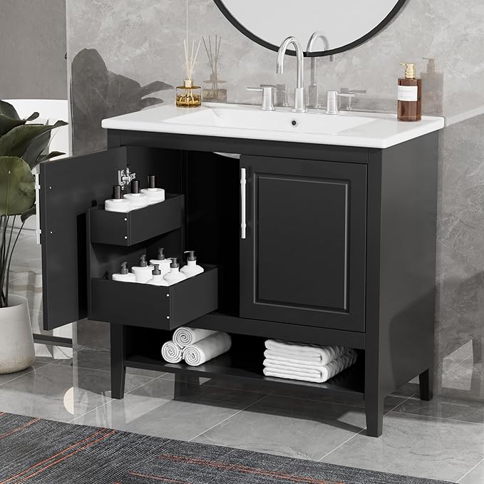 LUMISOL 36 Inch Bathroom Vanity with Ceramic Sink, Modern Black Bathroom Sink Cabinet with 2 Drawers, Storage Racks & Open Shelf, Solid Wood Bathroom Vanity with Sink Combo, Black