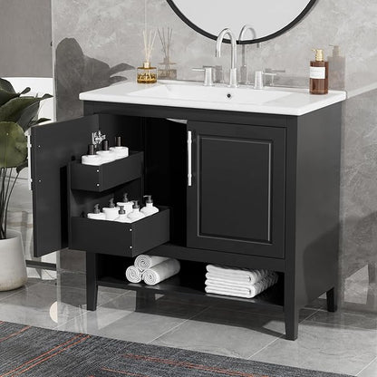 LUMISOL 36 Inch Bathroom Vanity with Ceramic Sink, Modern Black Bathroom Sink Cabinet with 2 Drawers, Storage Racks & Open Shelf, Solid Wood Bathroom Vanity with Sink Combo, Black