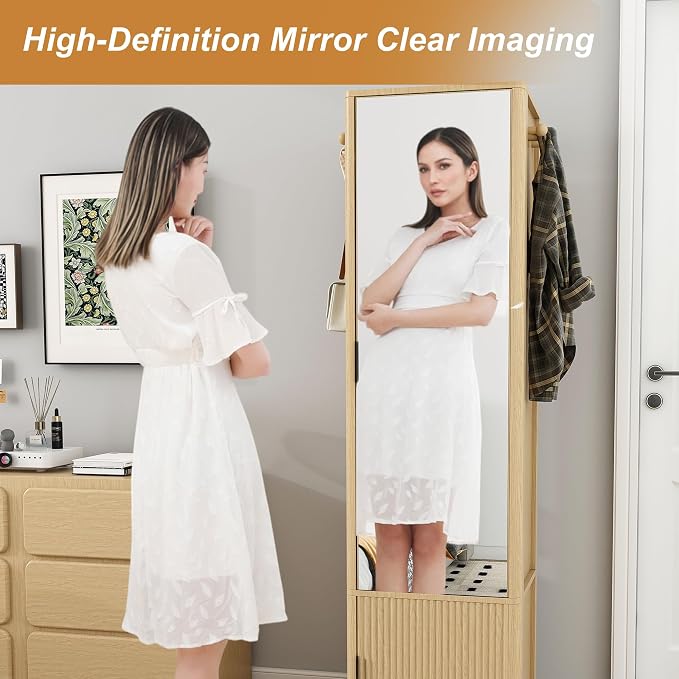 360° Rotating Makeup Jewelry Armoire Cabinet, Mirror Jewelry Cabinet Standing with a Full-Length Mirror, Storage Cabinet a Coat Rack, 4 Layers of Open 2 Layers of Built-In Shelves for Bedroom