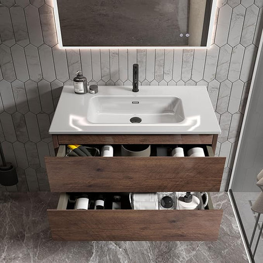 36" Bathroom Vanity with Sink, Modern Floating Vanity with Double Soft Closing Drawers, Large Storage for Small Space, Walnut, Fully Assembled - Iris Collection