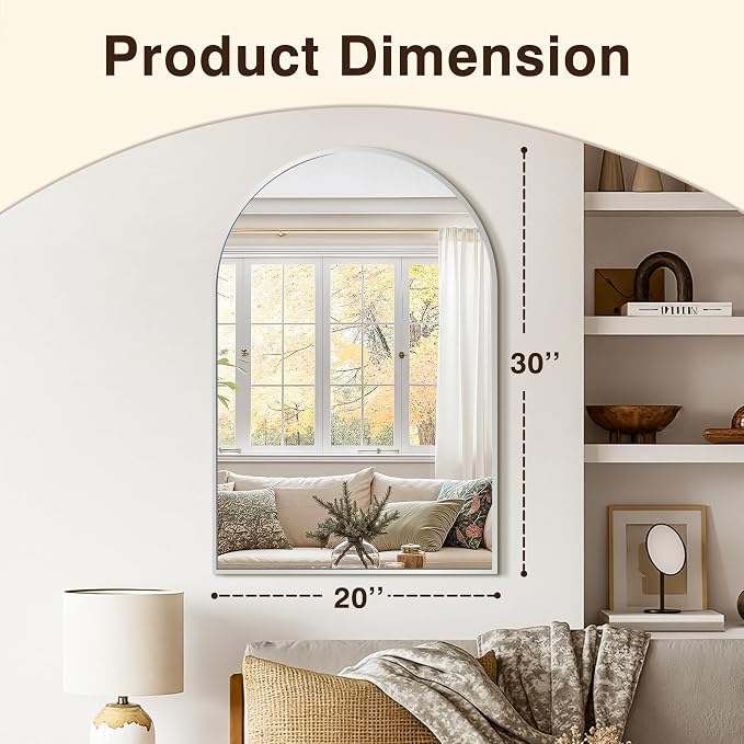 Arched Bathroom Vanity Mirror for Over Sink, 30”x20”, Silver | HD Tempered Glass, Anti-Rust Metal Frame, Hanging or Leaning, Wall Mirrors for Bathroom Sink, Bedroom, Living Room, Entryway