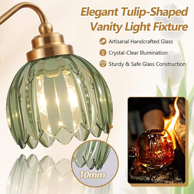 Vintage Gold Vanity Lights, 2-Light Green Tulip, Antique Brass Finish | Brushed Gold Bathroom Light Fixtures, Crystal Wall Sconce Ideal for Bedroom, Living Room, E26 Compatible, Easy Install