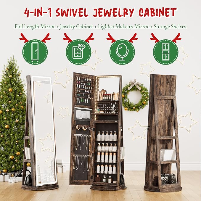 NUNU LAB LED Mirror Jewelry Cabinet Standing, Jewelry Armoire with Full Length Mirror, 360° Swivel Jewelry Cabine with Adjustable LED Lights, Lockable Jewelry Organizer Storage, Brown