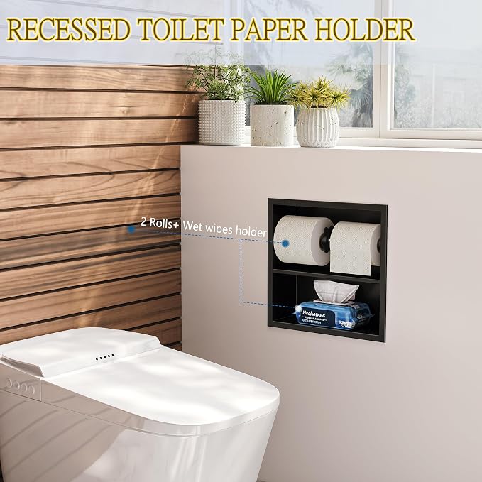 Neodrain Black Recessed Toilet Paper Holder,Double Layer Wet Tissue Holder | Space-Saving Wall Niche Cabinet Storage, Rustproof & Durable,For Bathroom, Kitchen & Vanity