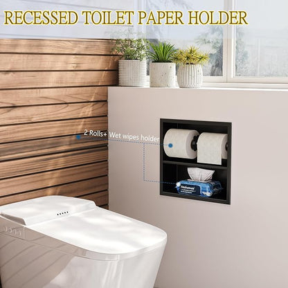 Neodrain Black Recessed Toilet Paper Holder,Double Layer Wet Tissue Holder | Space-Saving Wall Niche Cabinet Storage, Rustproof & Durable,For Bathroom, Kitchen & Vanity