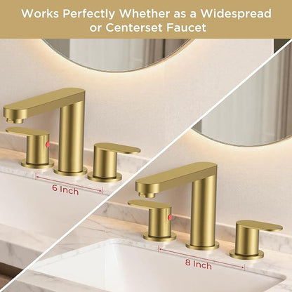 QFN Bathroom Faucet 3 Hole 8" Widespread Vanity Sink Faucet Brushed Gold | 304 Stainless Steel Bathroom Sink Faucet with Pop-up Drain, 6-12 Inch 3 Hole Install, for RV Laundry Farmhouse Restroom Sink