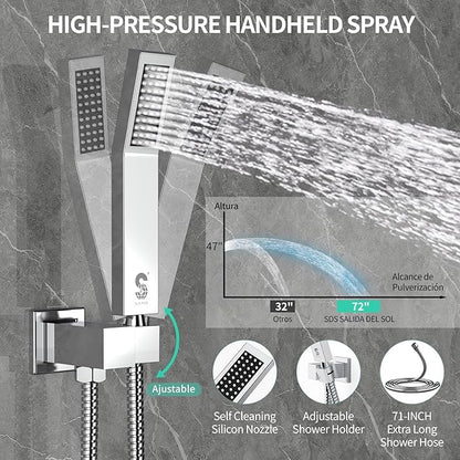 SR SUN RISE 10 Inch All Metal Square Shower System with Tub Spout, Tub Shower Faucet Set, High Pressure Rain Shower Head and Handheld Sprayer Shower Fixtues, Valve Included, Polished Chrome